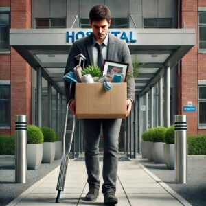Trabajador saliendo del hospital con una caja de pertenencias y una muleta, simbolizando un despido durante la baja médica