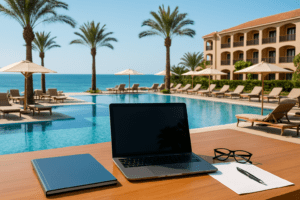 Espacio de trabajo al aire libre con portátil y documentos sobre una mesa, frente a un hotel costero con piscina y vistas al mar, en un entorno soleado.