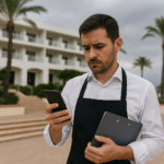 Trabajador de hotel preocupado consultando su móvil frente a un hotel cerrado, representando un posible conflicto por el llamamiento fijo discontinuo en hostelería en Cádiz.