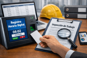 Registro horario digital con documento de Inspección de Trabajo en una mesa de oficina (control horario para empresas)
