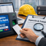 Registro horario digital con documento de Inspección de Trabajo en una mesa de oficina (control horario para empresas)